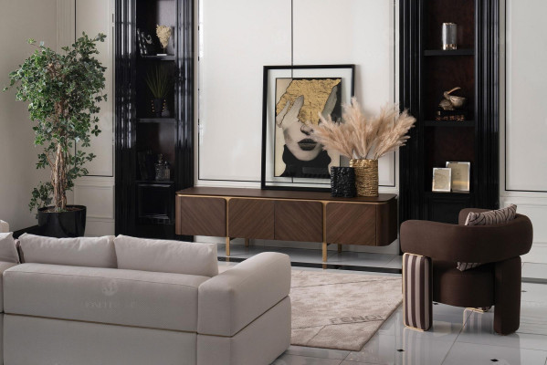 Suite Corner sofa Armchair Fabric sofa TV cabinet Lowboard Beige Modern 3-piece set