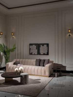 Suite Living room Three-seater Coffee tables 4-piece fabric sofa Beige Wood