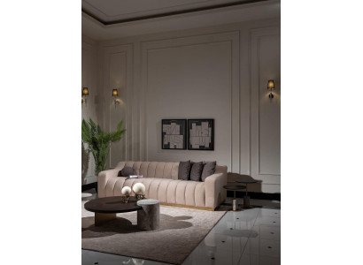 Suite Living room Three-seater Coffee tables 4-piece fabric sofa Beige Wood