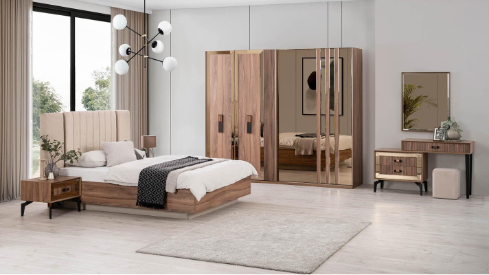 Luxury Double bed Bedroom Suite Bed Wood Set 7pcs Brown Modern