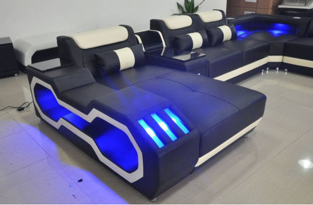 Leather Living landscape Corner sofa Designer Sofa Leather sofa Couch - USB - sound speakers