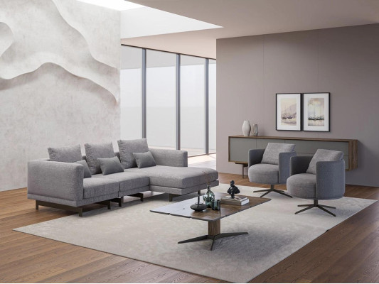 Living room Complete 4pcs 2x Armchair with Corner sofa L-shape Designer Wood Coffee table