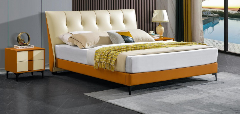 Designer Bed Orange Leather Hotel Imitation leather Beds Double Sleep Room