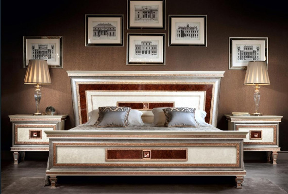 Bed 2x Bedside tables 3 pieces. Italian Furniture Bedroom Beds Wood new Set