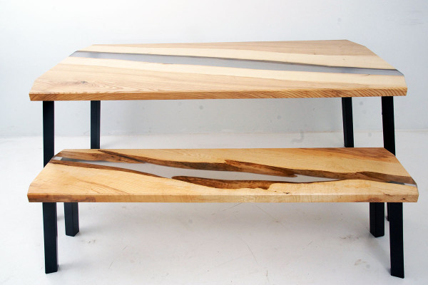 Epoxy resin table stool 2 pieces. Set of Real Wood Waterfall River Tables Group new