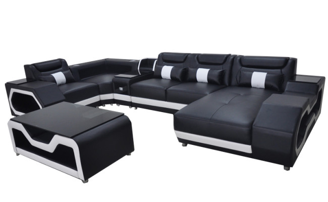 Leather Sofa Couch Upholstery Corner Suite Modern Living landscape Table + USB + LED