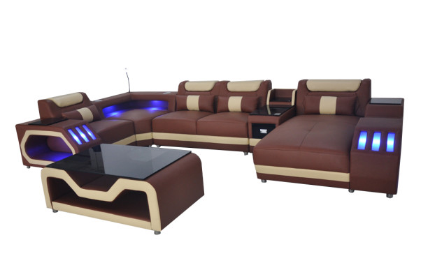 Leather Sofa Couch Upholstery Corner Suite Modern Living landscape Table + USB + LED