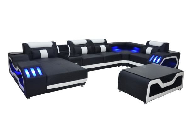 Leather Sofa Couch Upholstery Corner Suite Modern Living landscape Table + USB + LED
