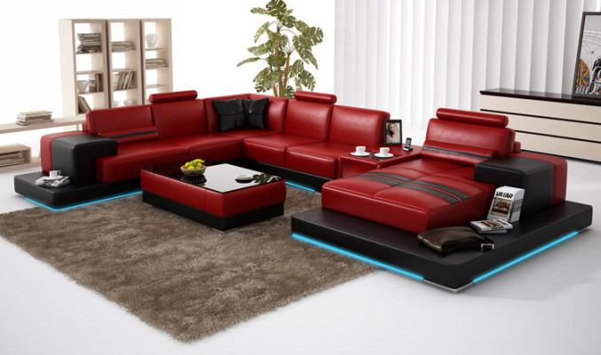 Leather sofa Couch Living landscape Corner sofa Corner Suite Design Modern Sofa + USB