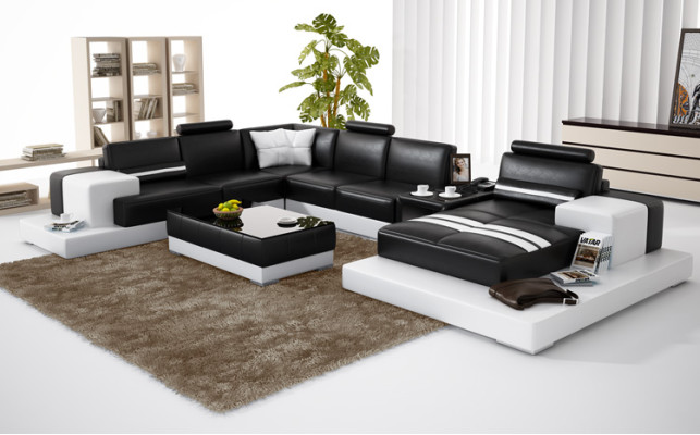 Leather sofa Couch Living landscape Corner sofa Corner Suite Design Modern Sofa + USB