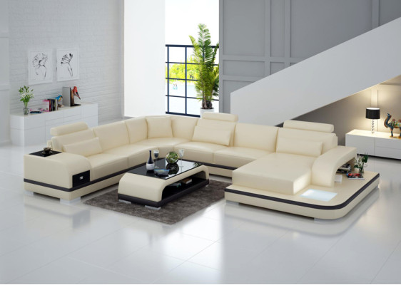 Leather sofa Living landscape Corner sofa Sitting area Sofa Couch + USB + Table