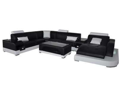 Leather Sofa with USB Modern Seat Couch Upholstery Design Corner Couches + Table + Light