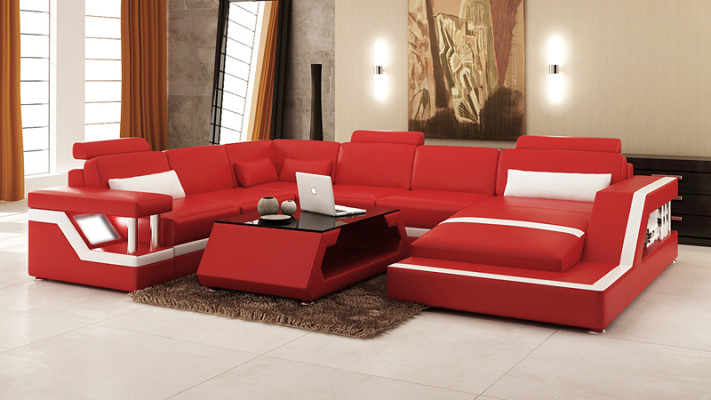 Design Leather Living landscape Corner Sofa Modern Suite Couch Corner Red USB + LED