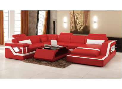 Design Leather Living landscape Corner Sofa Modern Suite Couch Corner Red USB + LED