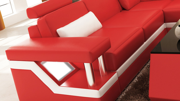 Design Leather Living landscape Corner Sofa Modern Suite Couch Corner Red USB + LED