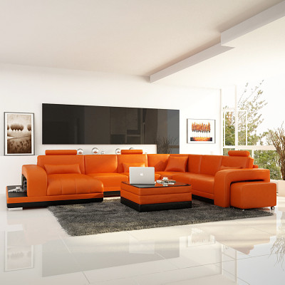 Design Leather Living landscape Corner Sofa Modern Suite Couch Corner new Orange USB