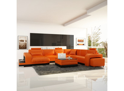 Design Leather Living landscape Corner Sofa Modern Suite Couch Corner new Orange USB