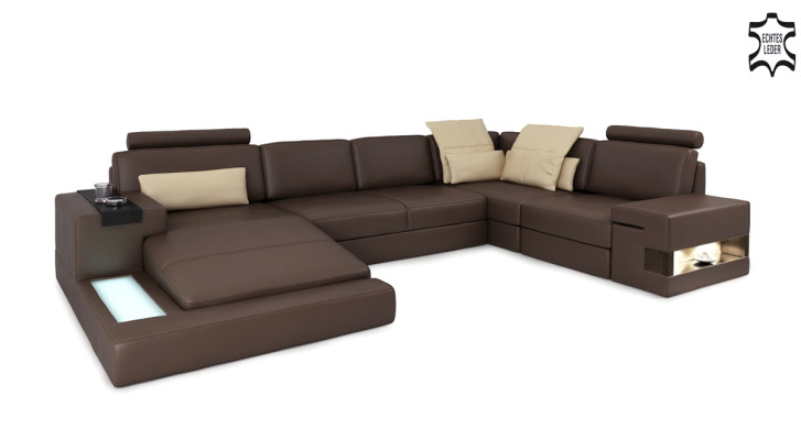 Leather sofa USB Design Sofa U-shape Living landscape Couch Upholstery Corner sofa new LED