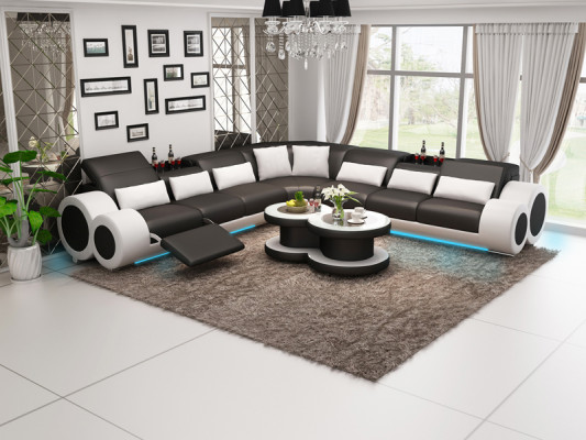 Living landscape Designer Sofa with USB Big Upholstery Leather Sofas Eck Corner Seat Black