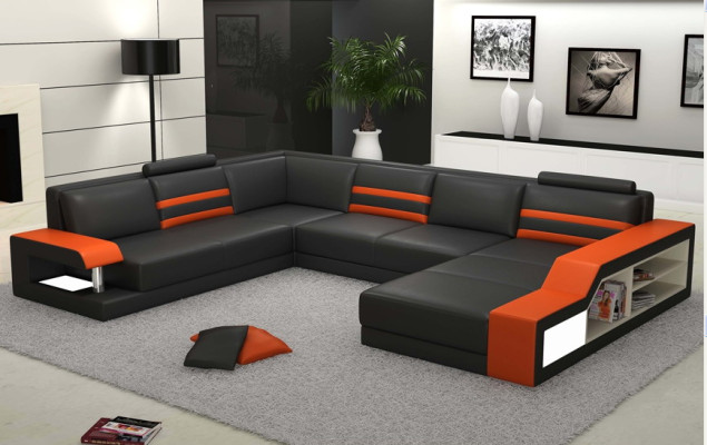 Designer sofa Corner sofa Couch Leather sofa Upholstery Seat Corner Suite with light PHX1