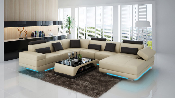 Leather sofa Couch Living landscape Corner sofa Corner Suite Design Modern Sofa Beige USB