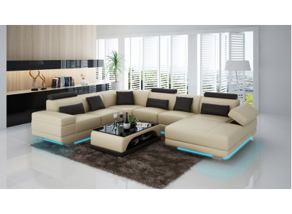 Leather sofa Couch Living landscape Corner sofa Corner Suite Design Modern Sofa Beige USB