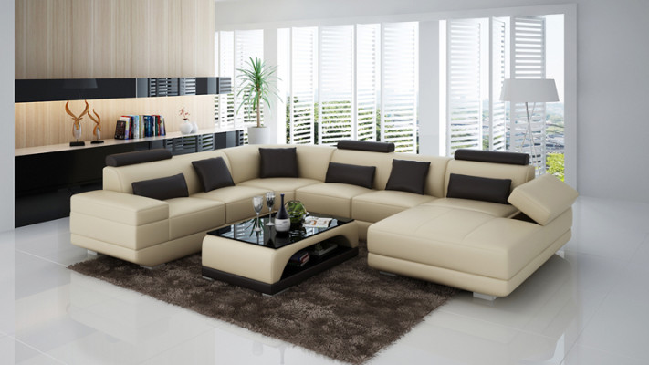 Leather sofa Couch Living landscape Corner sofa Corner Suite Design Modern Sofa Beige USB
