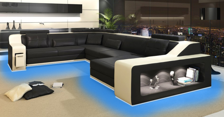 Modern seating area Corner sofa Sofa Upholstery Couch Leather Corner suite Living landscape USB