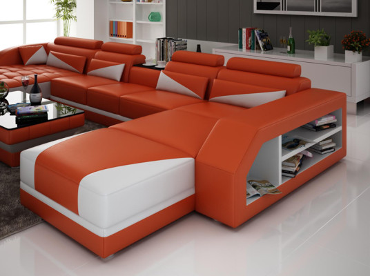 Leather sofa Couch Living landscape Corner sofa Suite Design Modern Sofa USB Orange