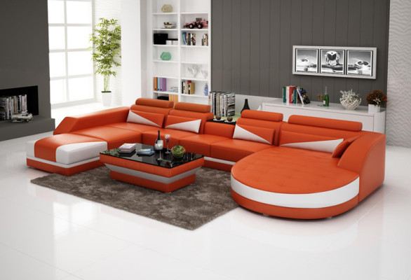 Leather sofa Couch Living landscape Corner sofa Suite Design Modern Sofa USB Orange