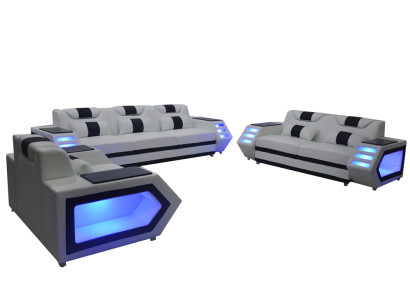 Sofa Couch Seat Upholstery Complete Group Set Leather Suite 3+2+1 + LED + USB new