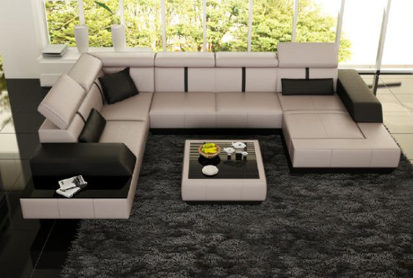 Leather sofa + USB Living landscape Sofa Corner sofa Corner leather couch Poster Corner Couch new