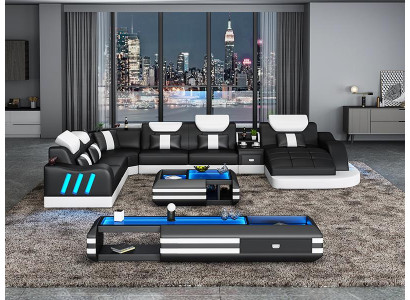 Design Living landscape Led Illuminated Corner sofa Couch Sofa Corner suite Leather sofa