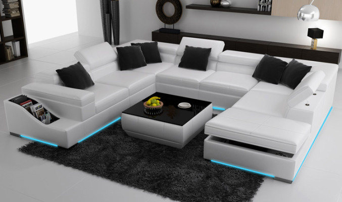 Corner suite Leather Sofa Living room Living landscape Upholstered corner seating sets +USB