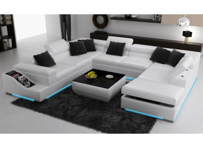 Corner suite Leather Sofa Living room Living landscape Upholstered corner seating sets +USB