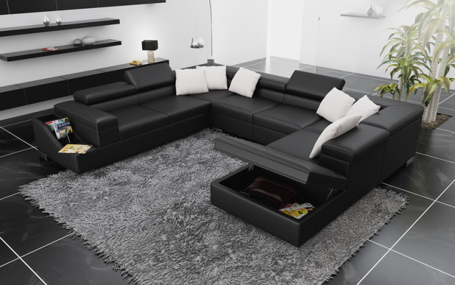 Corner suite Leather Sofa Living room Living landscape Upholstered corner seating sets +USB