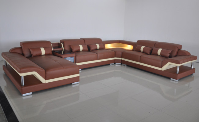 Living landscape U-shape Cream Brown Corner sofa Leather Sofa Couch Upholstery Corner Seat new