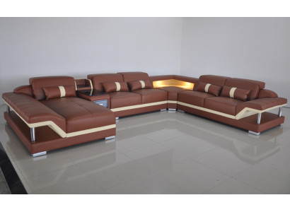 Living landscape U-shape Cream Brown Corner sofa Leather Sofa Couch Upholstery Corner Seat new
