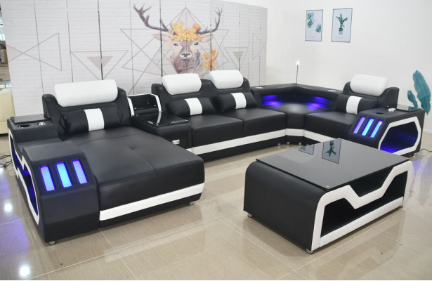 Leather sofa Sofa + Coffee table Upholstery Leather Design Corner sofa Couch Living landscape