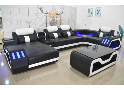 Leather sofa Sofa + Coffee table Upholstery Leather Design Corner sofa Couch Living landscape