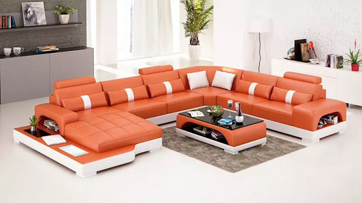 Modern sofa Corner sofa U-shape Coffee table Leather sofa Corner sofa Upholstery Orange luxury