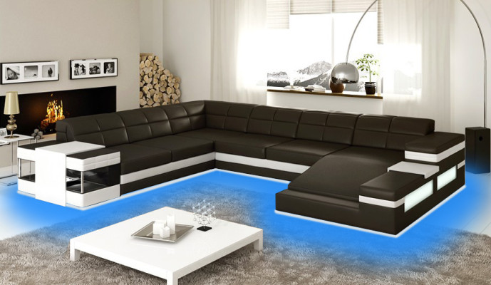 Leather sofa LED USB Sofa Couch Upholstery Corner Living landscape Corner sofa Design Leather