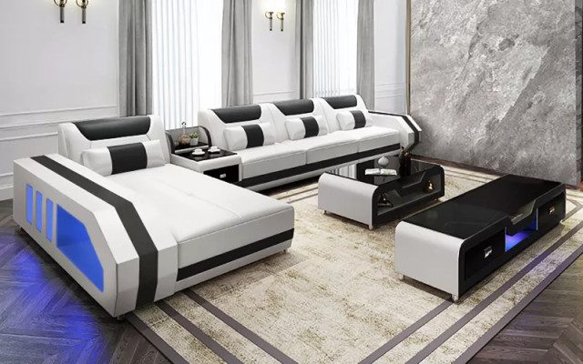 Corner sofa L-shape Table Coffee table Sideboard Sofa Leather sofa Corner sofa Upholstery 3-piece set