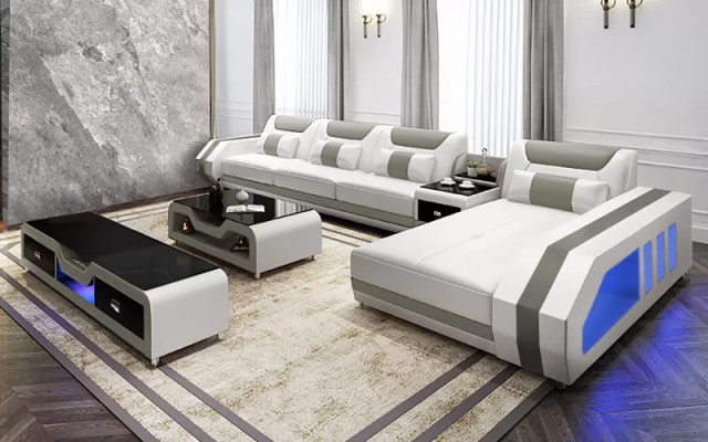Corner sofa L-shape Table Coffee table Sideboard Sofa Leather sofa Corner sofa Upholstery 3-piece set