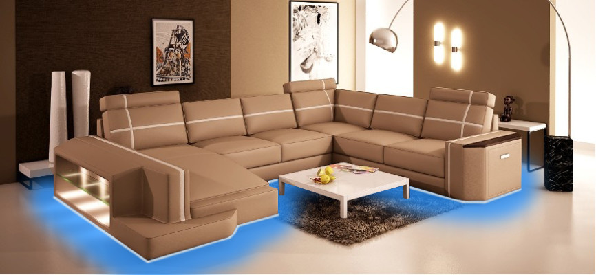Corner sofa Leather sofa Modern sofa Couch U-shape Living landscape + lighting PHM108