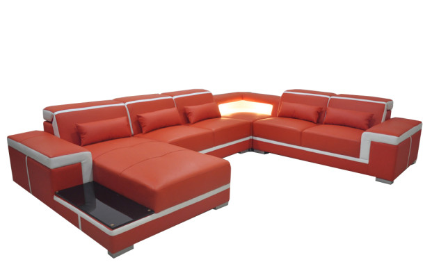 Comfortable XXL leather sofa with innovative ergonomics and LED lighting
