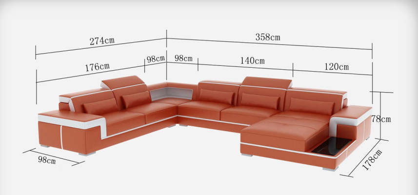 Comfortable XXL leather sofa with innovative ergonomics and LED lighting