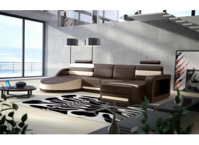 Living landscape COUCH Suite DESIGN Corner sofa Brown-Beige LEATHER SOFA XXL Corner sofa