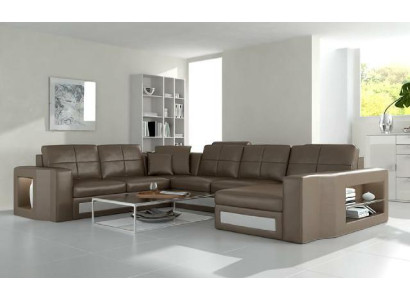 Design Living landscape Leather sofa Corner sofa Corner sofa Upholstery Sofa Corner USB + LED