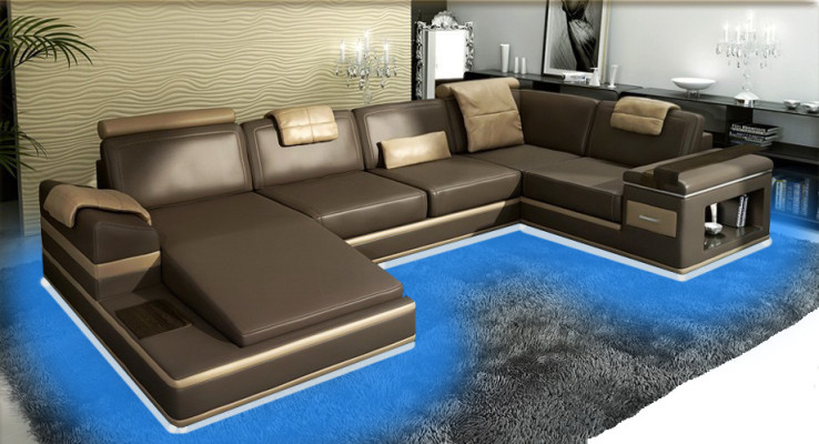 Corner sofa Sofa USB + LED Living landscape U-shape Upholstery Couch Leather sofa Fabric Leather
